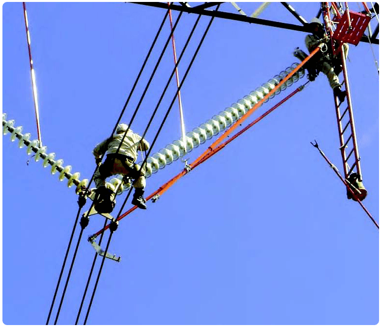 High-voltage overhead transmission line stringing and live-line insulator maintenance